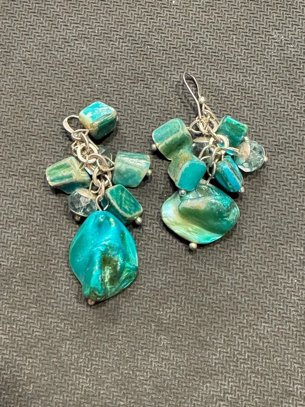 Artisan Gold Tone Earrings ft Clusters Green Blue Turquoise Sea Shell Nuggets